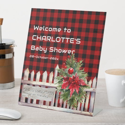 Christmas Fence Buffalo Plaid Baby Shower Welcome 台座サイン (インサイチュ)