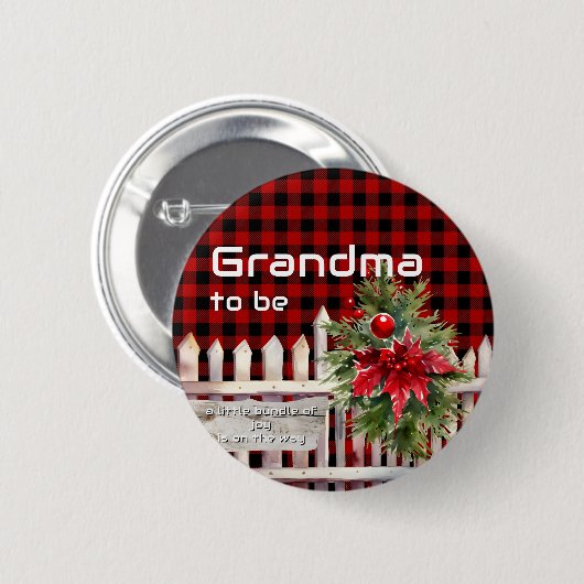 Christmas Fence Buffalo Plaid Grandma-to-be 缶バッジ (正面&裏面)