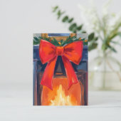 Christmas Fireplace | Red Bow Merry Watercolor  シーズンポストカード (スタンド正面)