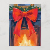 Christmas Fireplace | Red Bow Merry Watercolor  シーズンポストカード (正面)