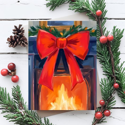 Christmas Fireplace | Red Bow Merry Watercolor  シーズンポストカード