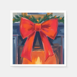 Christmas Fireplace | Red Bow Merry Watercolor  スタンダードカクテルナプキン