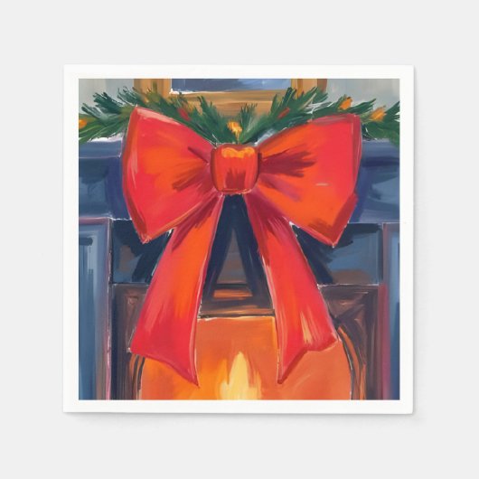 Christmas Fireplace | Red Bow Merry Watercolor  スタンダードカクテルナプキン (正面)