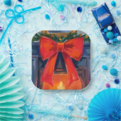 Christmas Fireplace | Red Bow Merry Watercolor  ペーパープレート (パーティー)