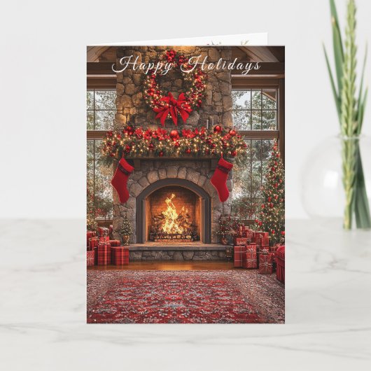 Christmas Fireplace Red Stockings Lights カード (正面)