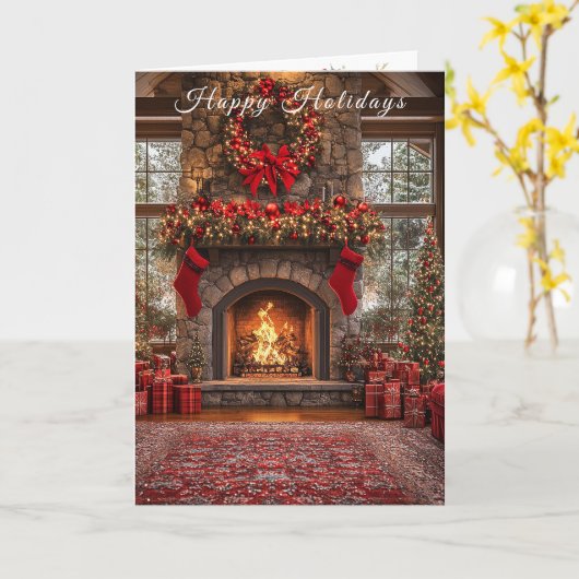 Christmas Fireplace Red Stockings Lights カード (黄色い花)