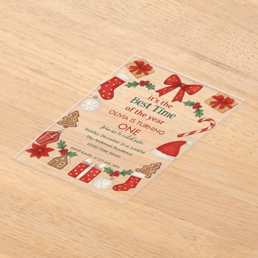 Christmas First Birthday Invitation | Festive アクリル招待状 (レイダウン)
