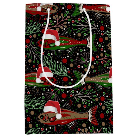 Christmas Fish in Santa Hats Red and Green Trout ミディアムペーパーバッグ (正面)