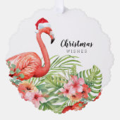 Christmas Flamingo Floral Greenery Wishes オーナメントカード (正面)