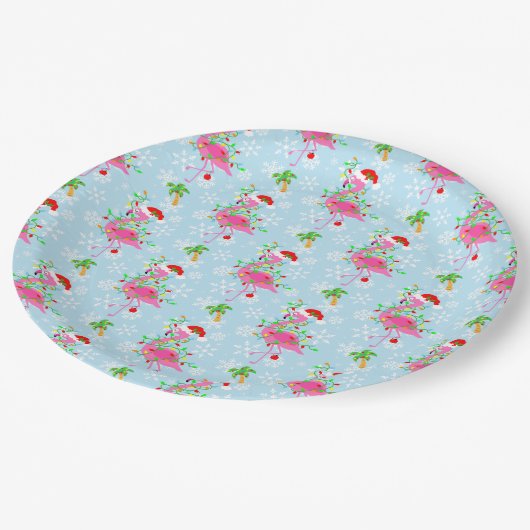 Christmas Flamingo Pattern Blue ペーパープレート (アングル)
