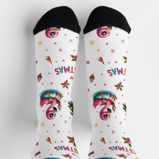 Christmas Flamingo Socks, Tropical Chrismas Socks ソックス (上部)