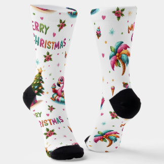 Christmas Flamingo Socks, Tropical Chrismas Socks ソックス
