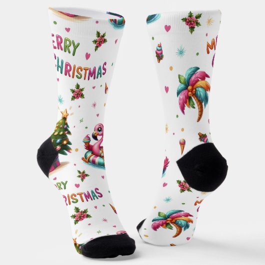 Christmas Flamingo Socks, Tropical Chrismas Socks ソックス (傾斜あり)