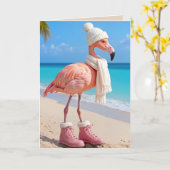 Christmas Flamingo Wearing Winter Attire カード (黄色い花)