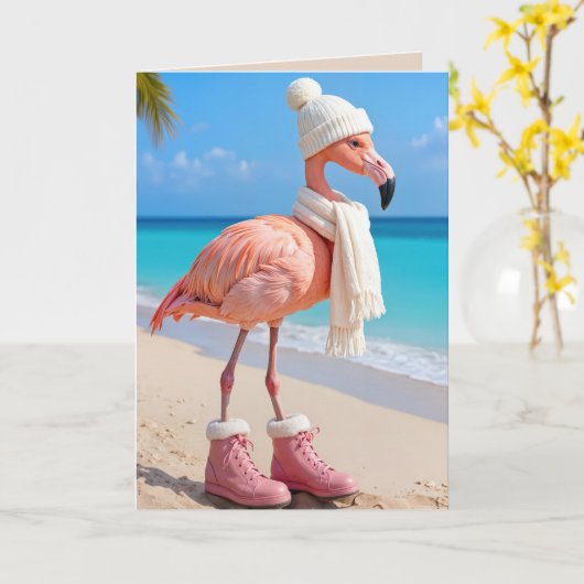 Christmas Flamingo Wearing Winter Attire カード (黄色い花)