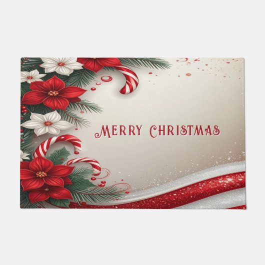 Christmas Floral Candy Canes Holiday Doormat ドアマット (正面)