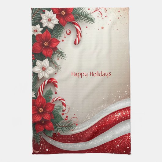 Christmas Floral Candy Canes Holiday Kitchen Towel キッチンタオル (縦)
