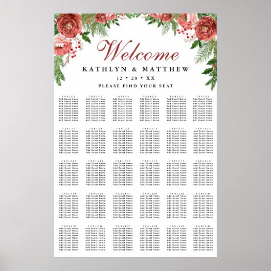 Christmas Floral Foliage Wedding 30 Table Seating ポスター (正面)