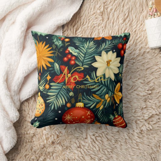 Christmas Floral Ornament Personalized Pillow クッション (ブランケット)