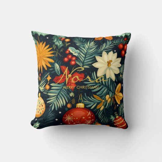 Christmas Floral Ornament Personalized Pillow クッション (正面)