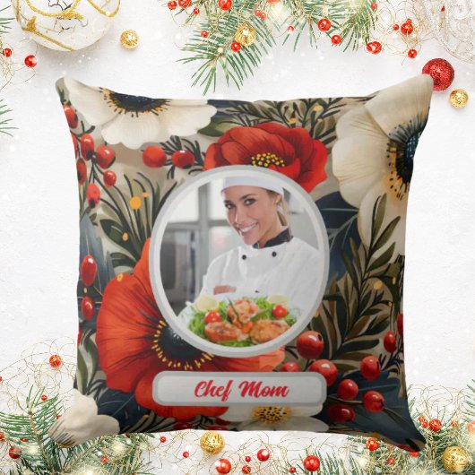 Christmas Floral Personalized Chef Mom Photo クッション