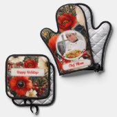 Christmas Floral Personalized Chef Mom Photo 鍋つかみ&鍋敷きセット (正面/裏面)