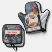 Christmas Floral Personalized Chef Mom Photo 鍋つかみ&鍋敷きセット (正面/裏面)