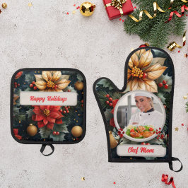 Christmas Floral Personalized Chef Mom Photo 鍋つかみ&鍋敷きセット