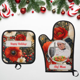 Christmas Floral Personalized Chef Mom Photo 鍋つかみ&鍋敷きセット