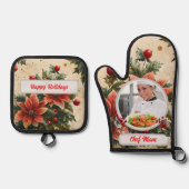Christmas Floral Personalized Chef Mom Photo 鍋つかみ&鍋敷きセット (正面)