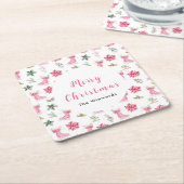 Christmas Floral Pink Ice Skates Merry Christmas スクエアペーパーコースター (アングル)