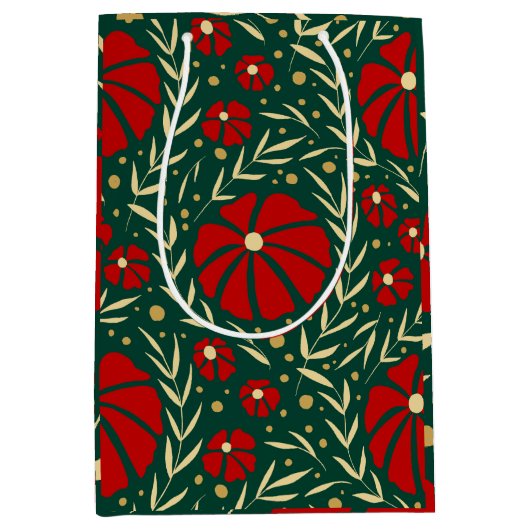 Christmas Floral Red and Green Hand Drawn Flowers ミディアムペーパーバッグ (正面)
