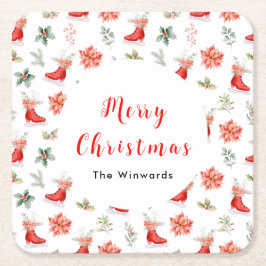 Christmas Floral Red Ice Skates Merry Christmas スクエアペーパーコースター
