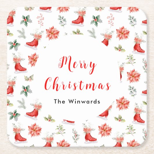 Christmas Floral Red Ice Skates Merry Christmas スクエアペーパーコースター (正面)