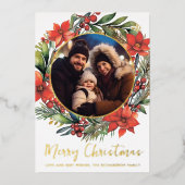 Christmas Floral Wreath Foil Photo Holiday Card 箔シーズンカード (正面)