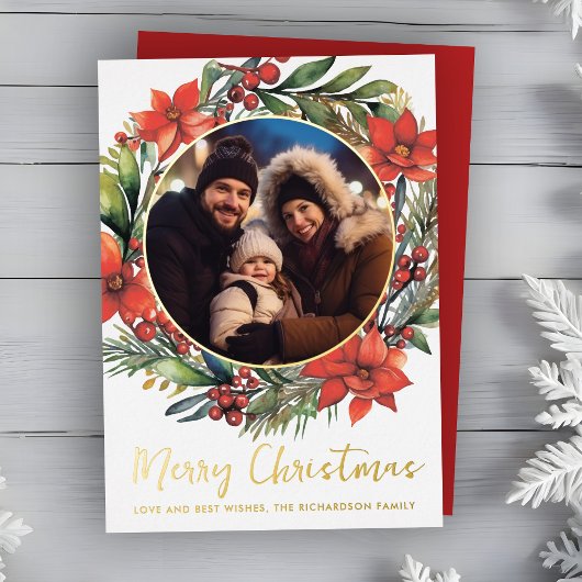 Christmas Floral Wreath Foil Photo Holiday Card 箔シーズンカード