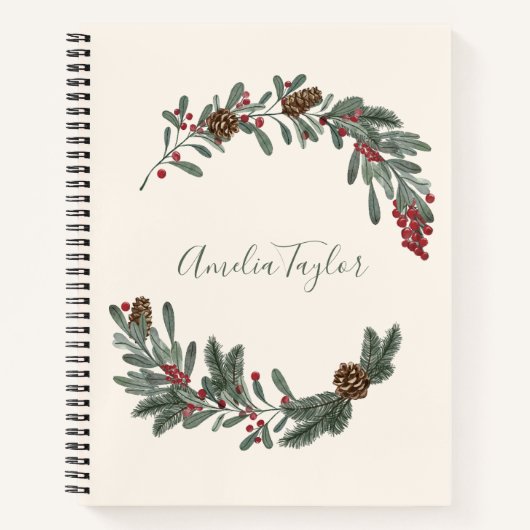 Christmas Floral Wreath Personalized Script Name ノートブック (正面)