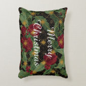 Christmas Flowers Pattern,Gold Red Green Black アクセントクッション (正面(垂直))