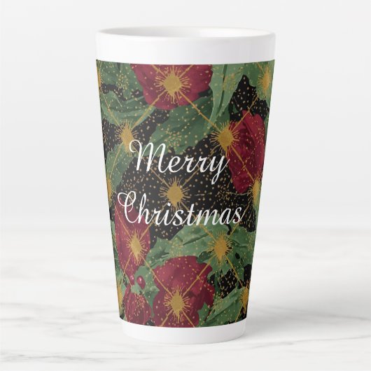 Christmas Flowers Pattern,Gold Red Green Black カフェラテマグ (正面)