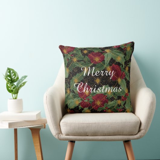 Christmas Flowers Pattern,Gold Red Green Black クッション (椅子)