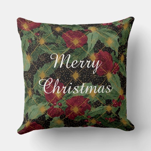 Christmas Flowers Pattern,Gold Red Green Black クッション (裏面)