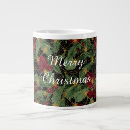 Christmas Flowers Pattern,Gold Red Green Black  ジャンボコーヒーマグカップ
