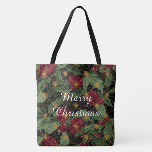Christmas Flowers Pattern,Gold Red Green Black トートバッグ (正面)