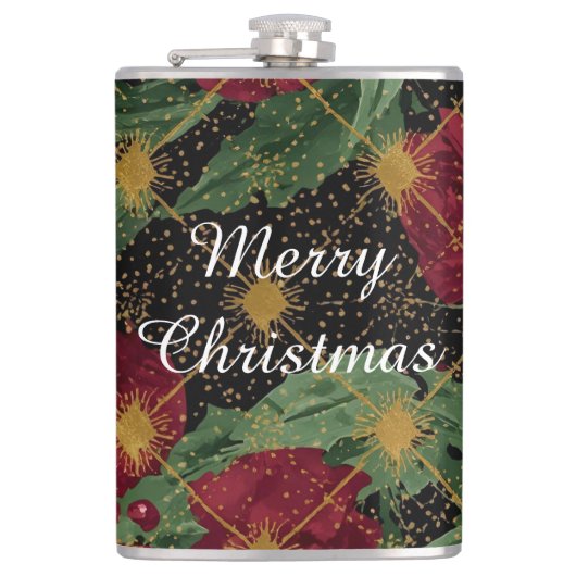 Christmas Flowers Pattern,Gold Red Green Black  フラスク (正面)