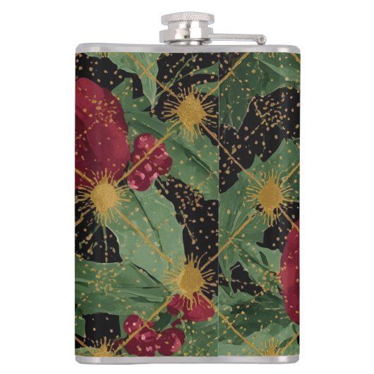 Christmas Flowers Pattern,Gold Red Green Black  フラスク (裏面)