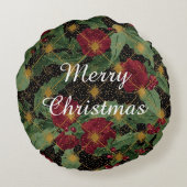 Christmas Flowers Pattern,Gold Red Green Black ラウンドクッション (裏面)