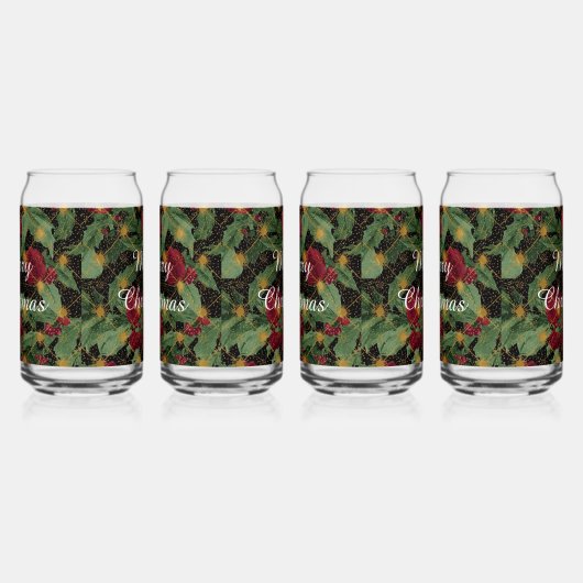 Christmas Flowers Pattern,Gold Red Green Black ,Wh ガラス缶 (右)
