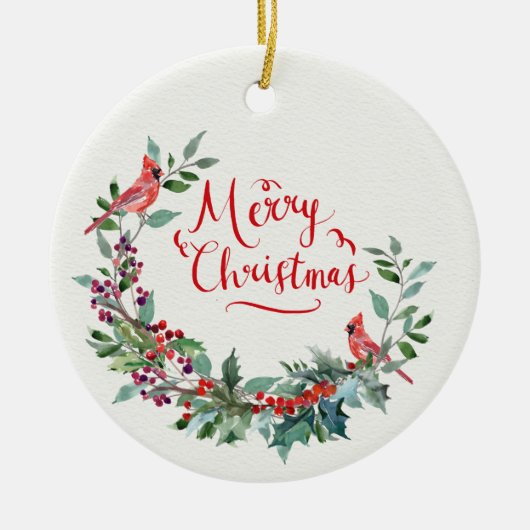 Christmas foliage, holly, cardinal セラミックオーナメント (正面)