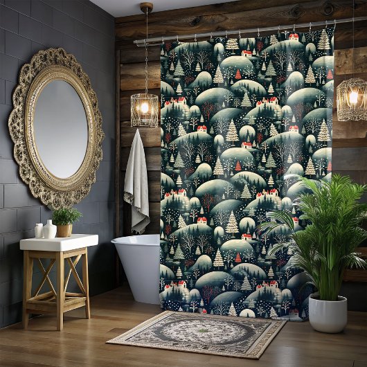 Christmas Folk Art Black Shower Curtain シャワーカーテン