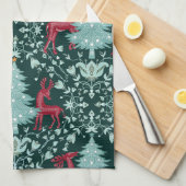 Christmas Folk Art Red Reindeer and Tree キッチンタオル (四つ折り)